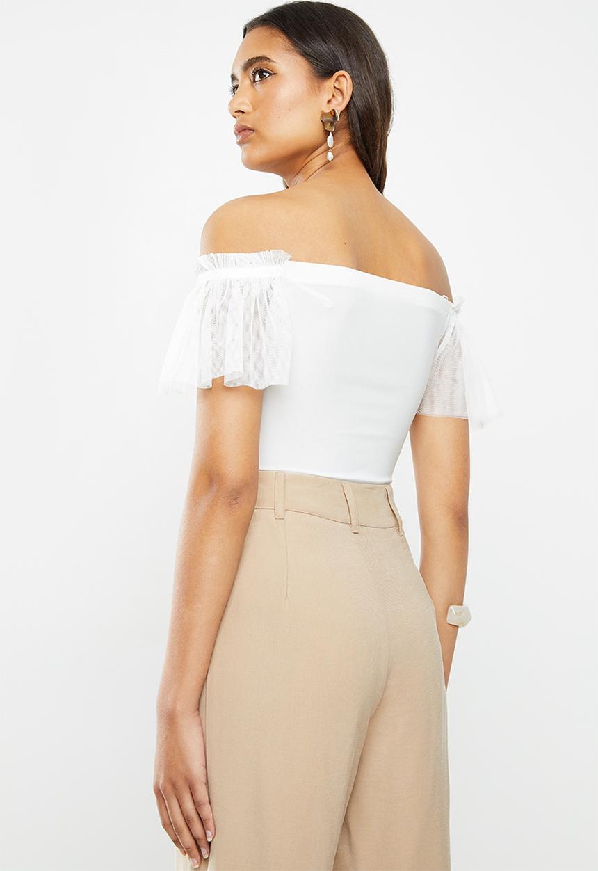 VELVET - Bardot frill sleeve combo bodysuit - white
