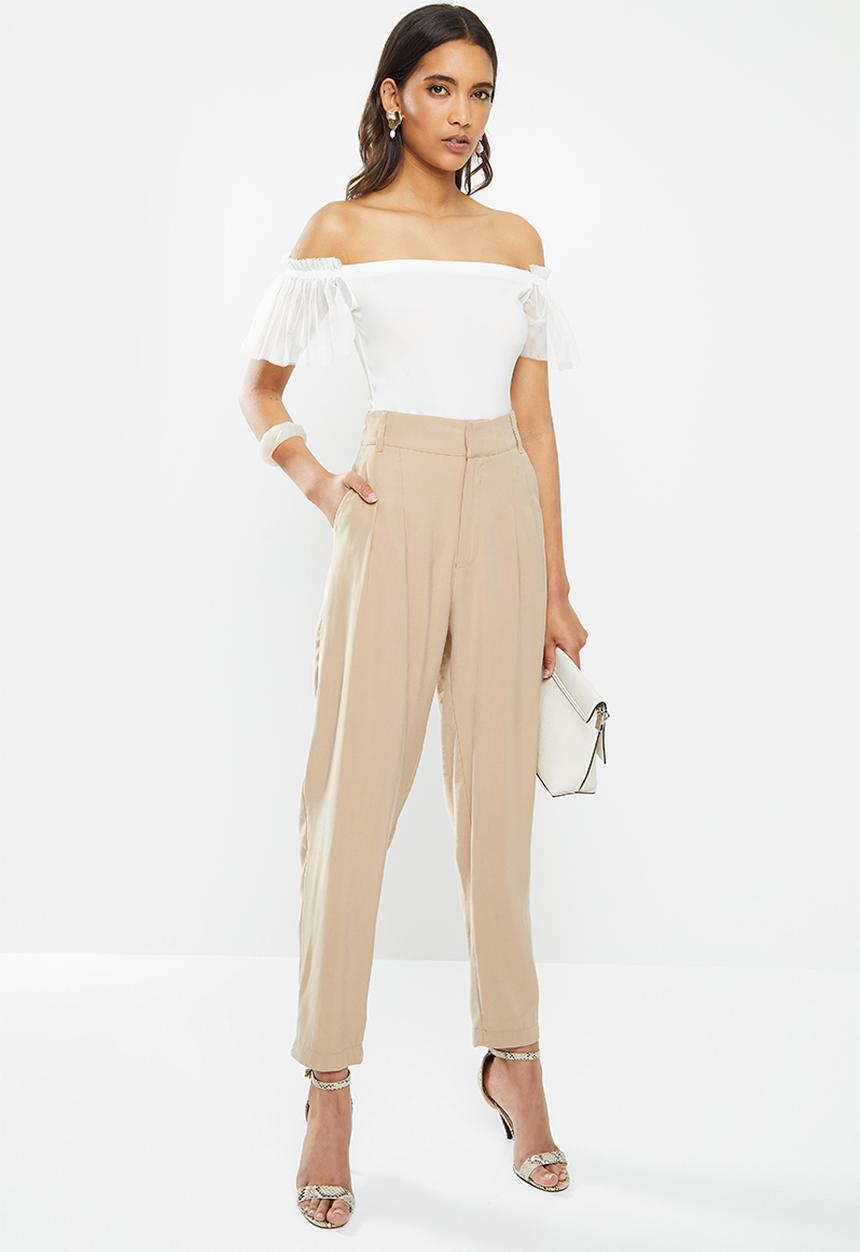 VELVET - Bardot frill sleeve combo bodysuit - white
