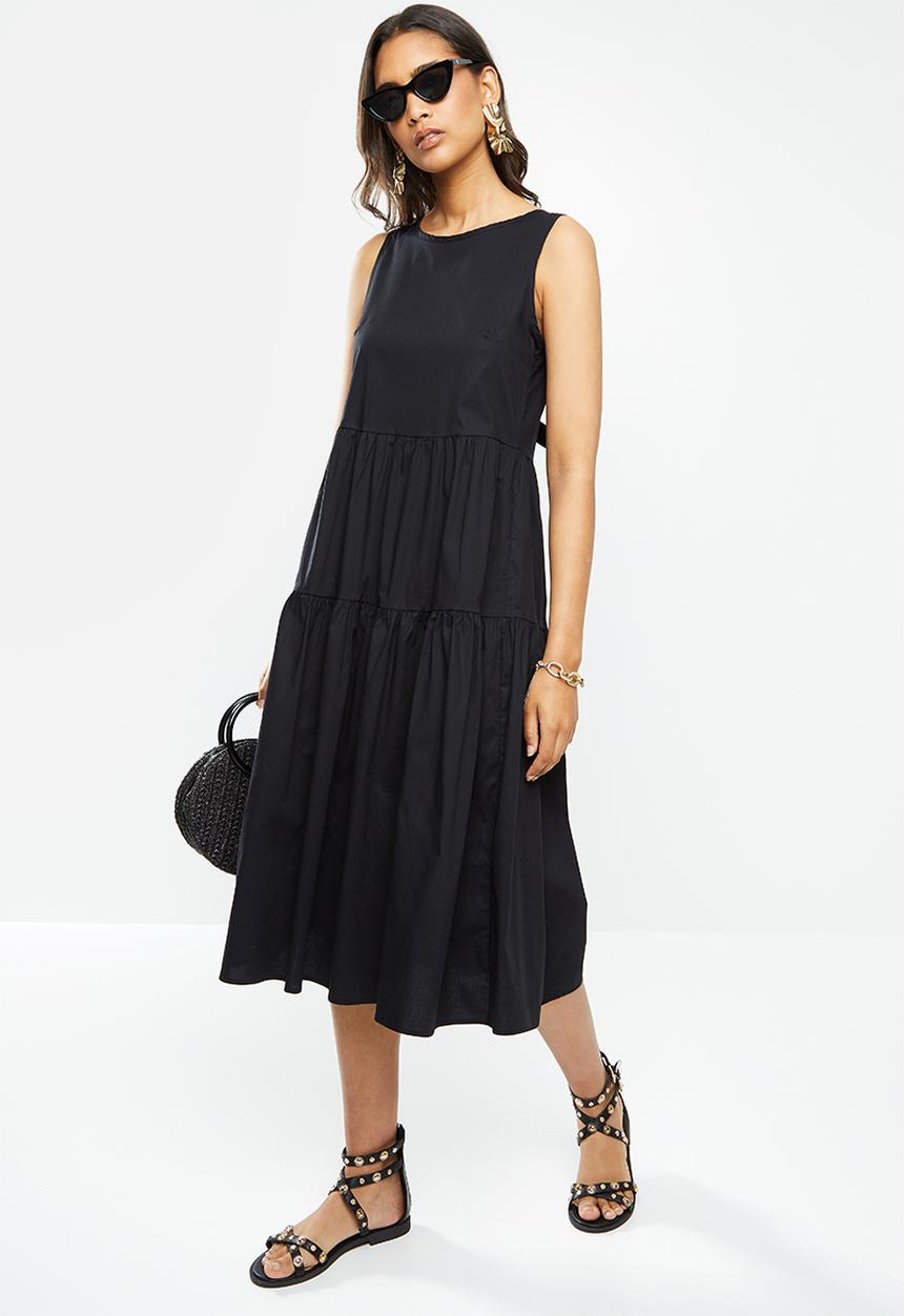 VELVET - Tiered backless midi dress - black