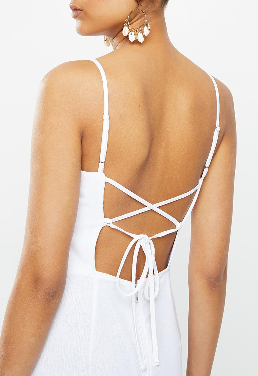 Blake - A-line mini dress with tie back - white