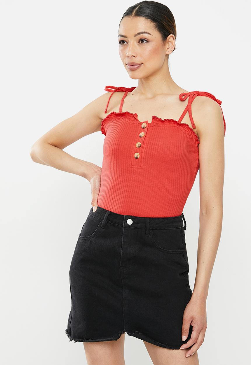 Brave Soul - Tie strap frill button thorugh bodysuit - red