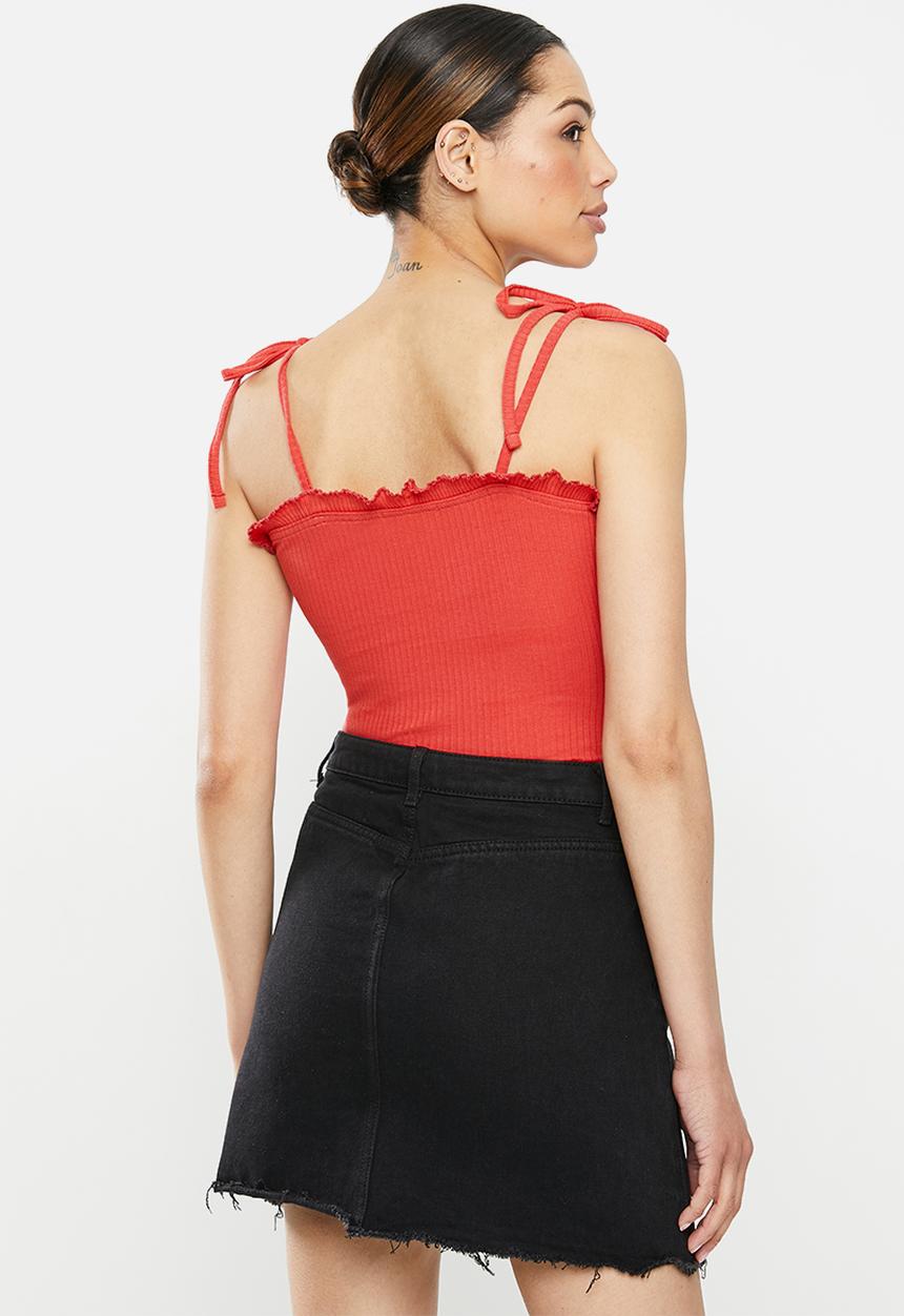 Brave Soul - Tie strap frill button thorugh bodysuit - red