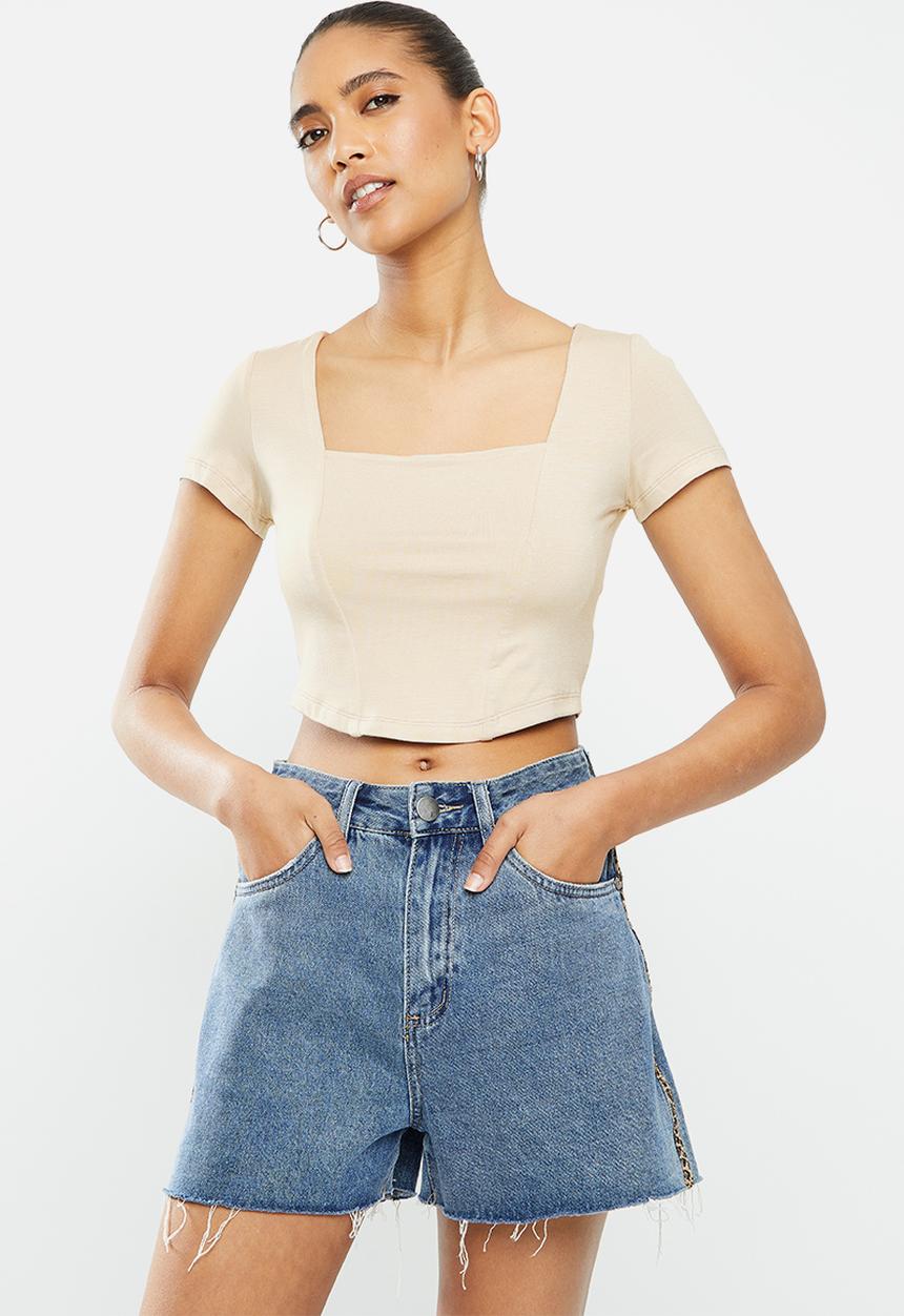 Blake - Corset look square neck crop top - stone