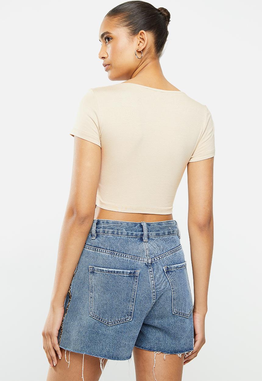Blake - Corset look square neck crop top - stone