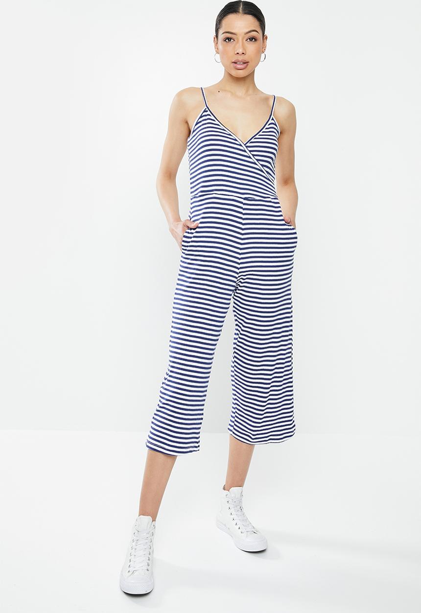 Brave Soul - Strapy yarn dye stripe jumpsuit - navy & white