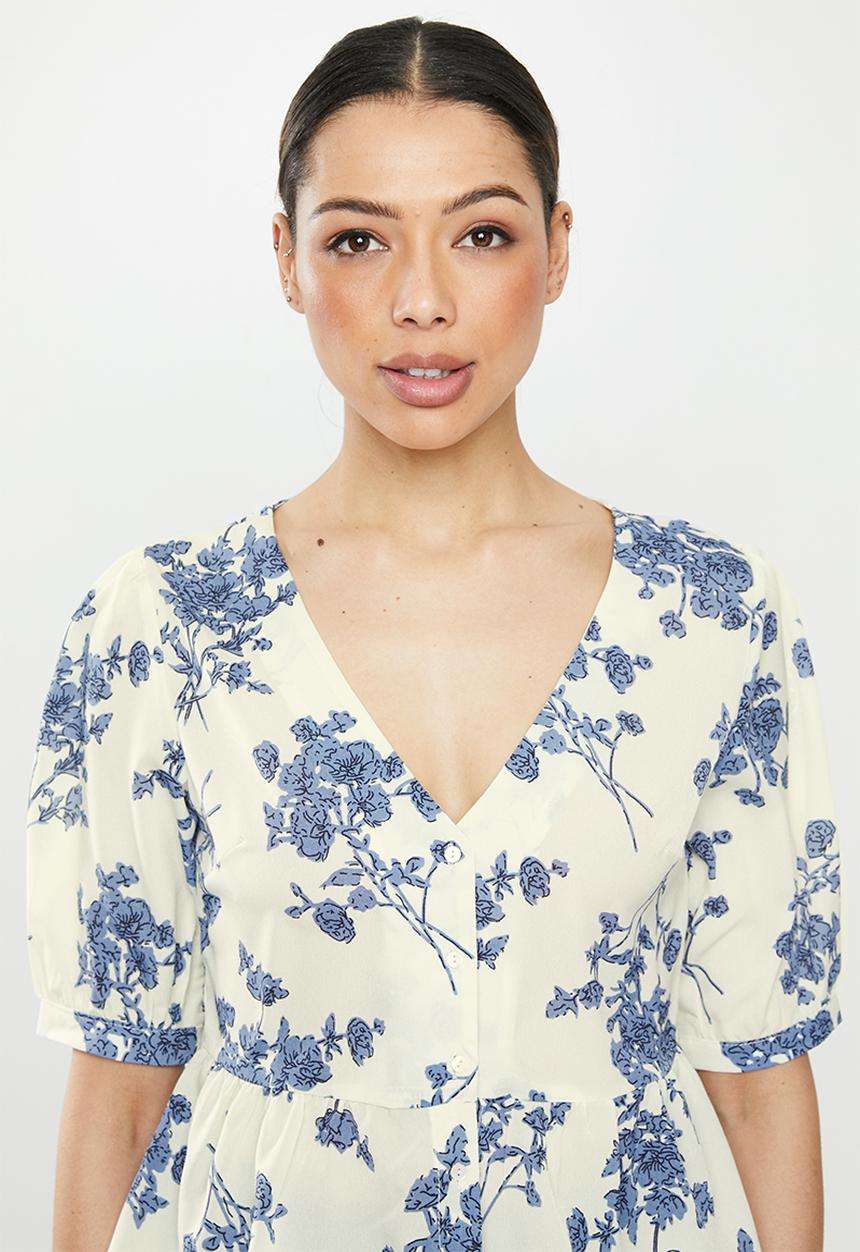 Brave Soul - V-neck peplum blouse - blue & neutral 