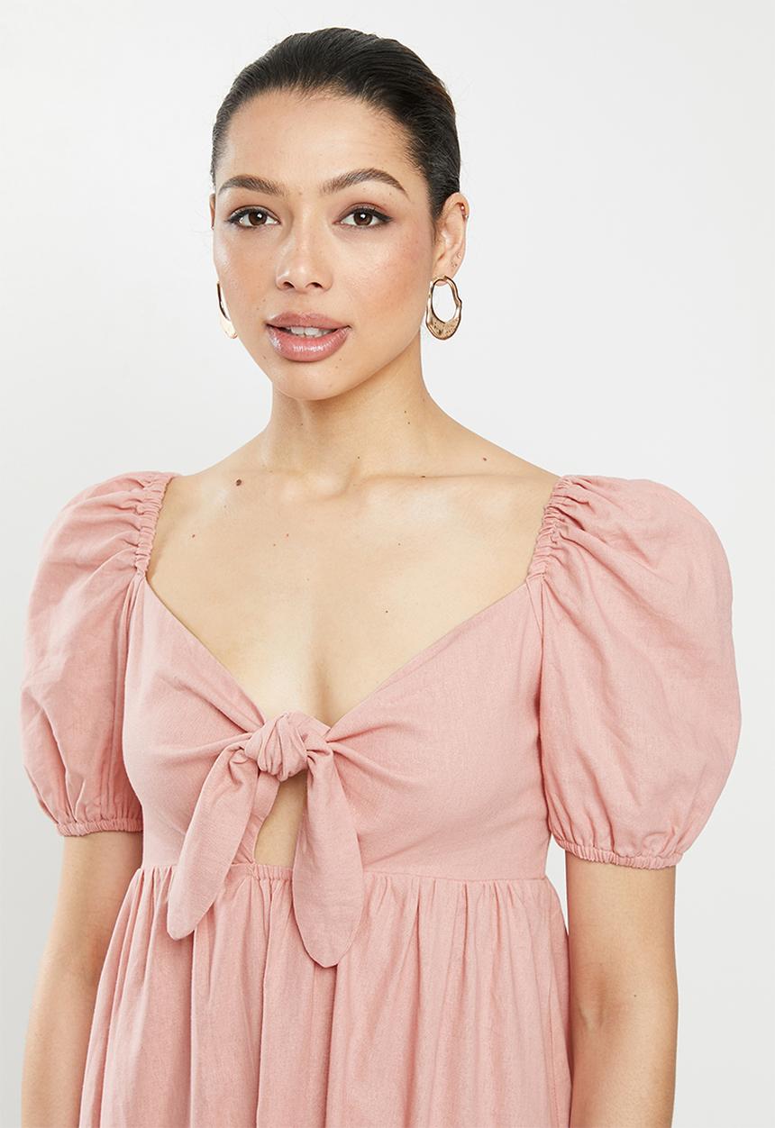 MILLA - Linen tie front dress - pink