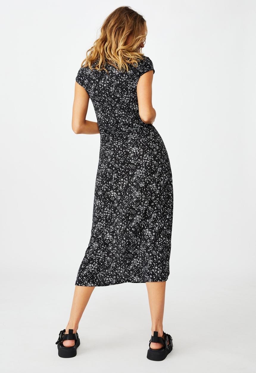 Cotton On - Elsa short sleeve split front midi dress - penny ditsy black