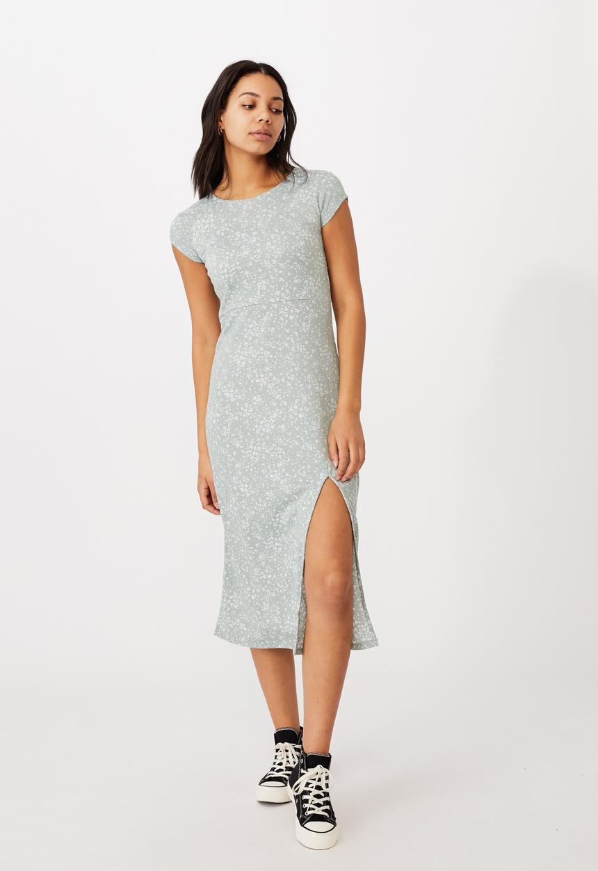 Cotton On - Elsa short sleeve split front midi dress - penny ditsy lush green