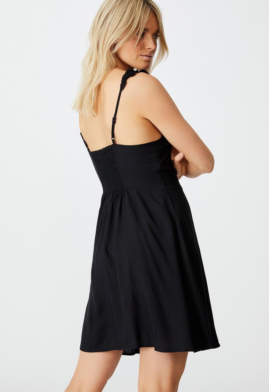 Cotton On - Woven quinn ruffle strap mini dress - black