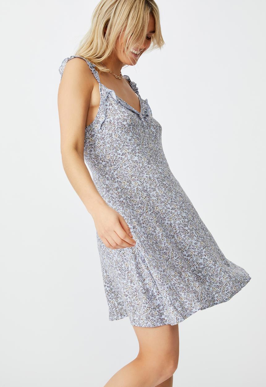 Cotton On - Woven quinn ruffle strap mini dress - blue & white