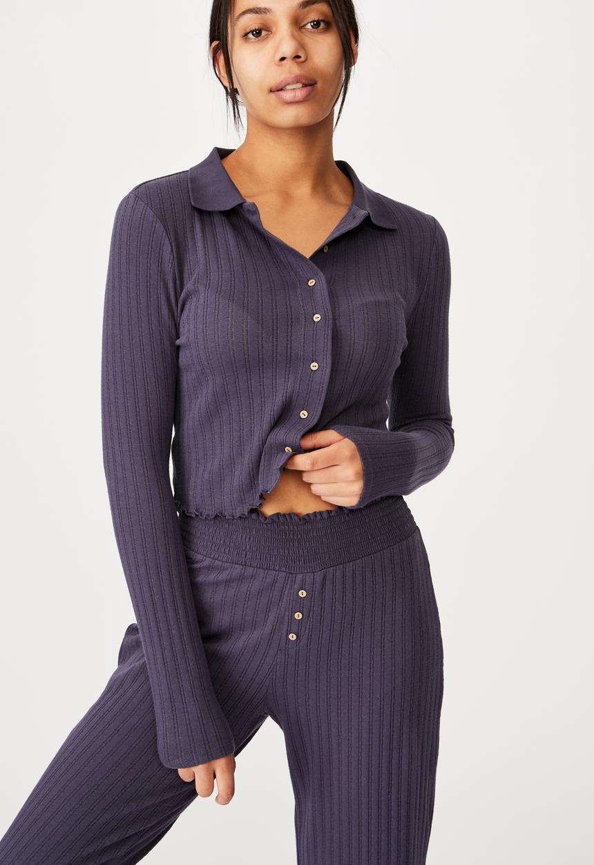 Cotton On - Knit pointelle polo long sleeve - charcoal