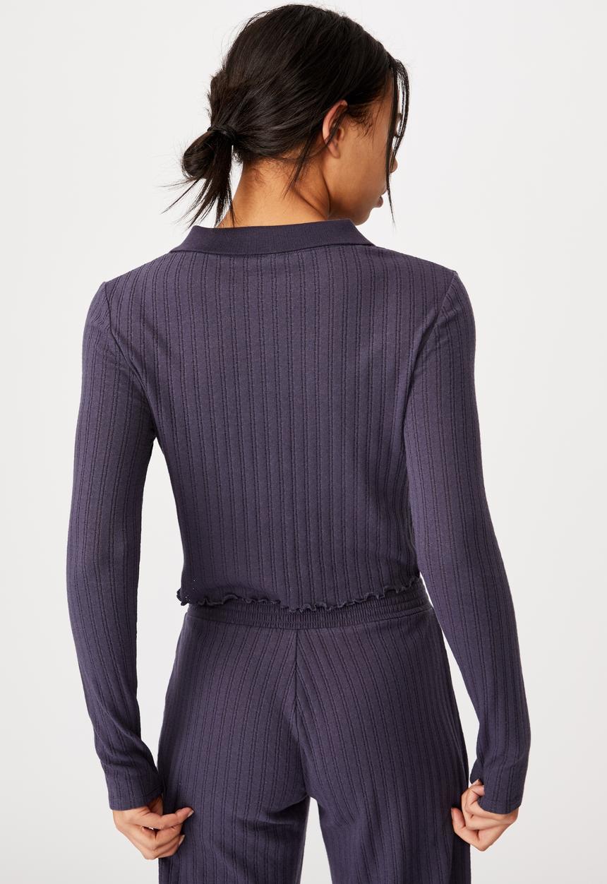 Cotton On - Knit pointelle polo long sleeve - charcoal