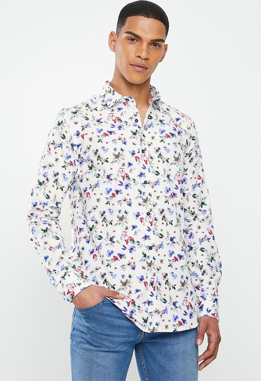 Jonathan D - Casual long sleeve slim fit printed shirt - white