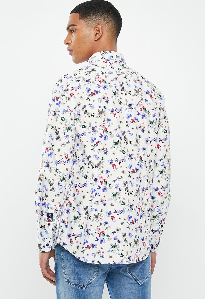 Jonathan D - Casual long sleeve slim fit printed shirt - white