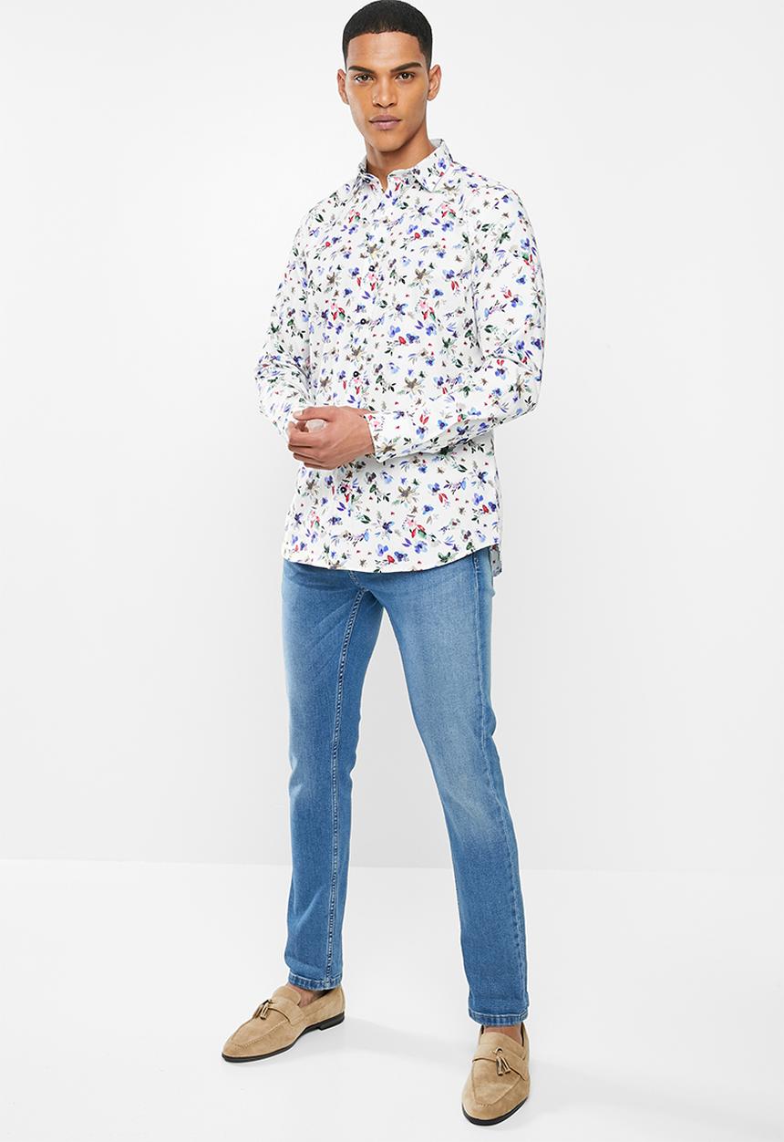 Jonathan D - Casual long sleeve slim fit printed shirt - white