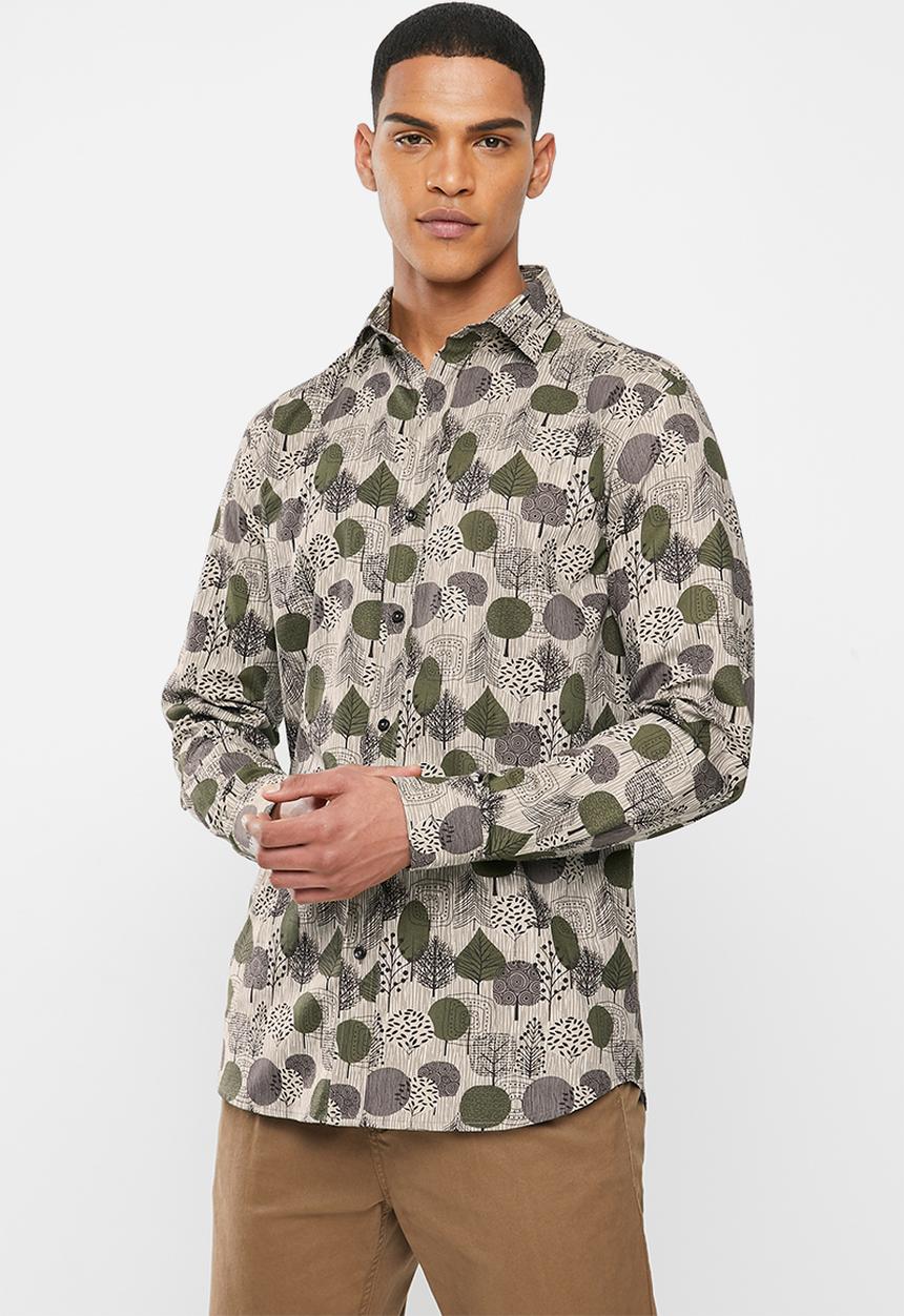 Jonathan D - Casual long sleeve slim fit printed shirt - khaki