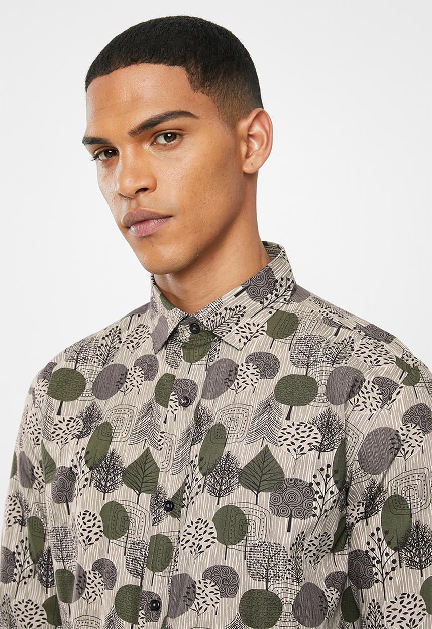 Jonathan D - Casual long sleeve slim fit printed shirt - khaki