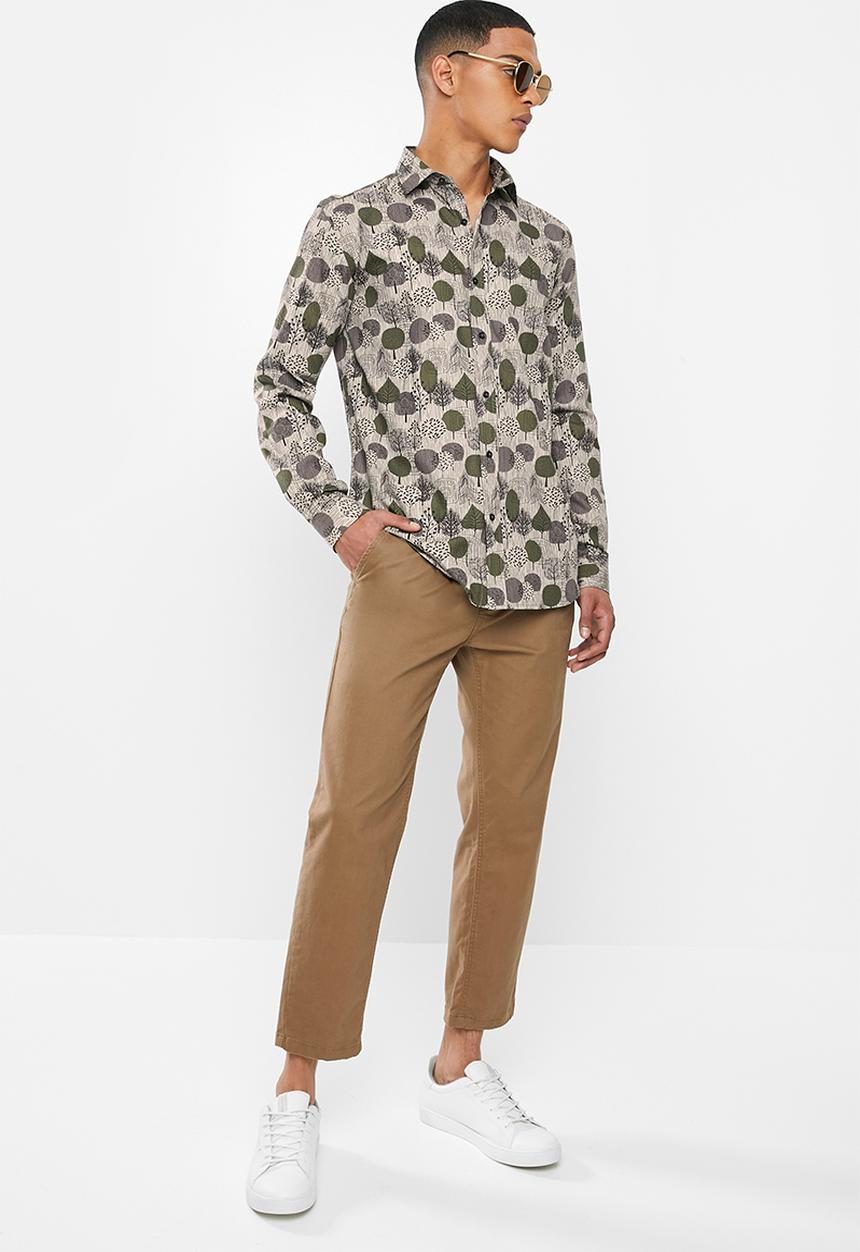 Jonathan D - Casual long sleeve slim fit printed shirt - khaki