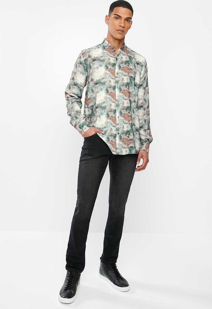 Jonathan D - Slim fit casual viscose printed long sleeve shirt - teal