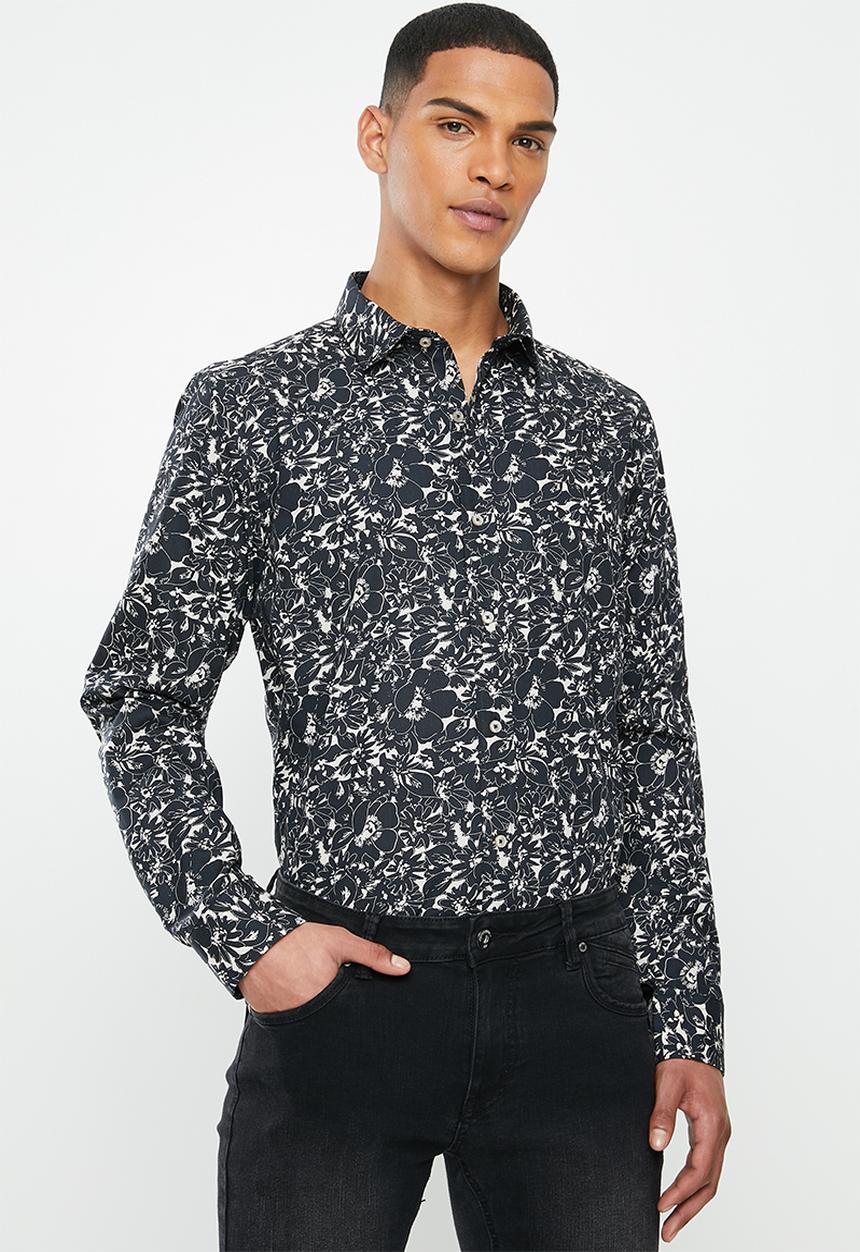 Jonathan D - Casual long sleeve slim fit printed shirt - black