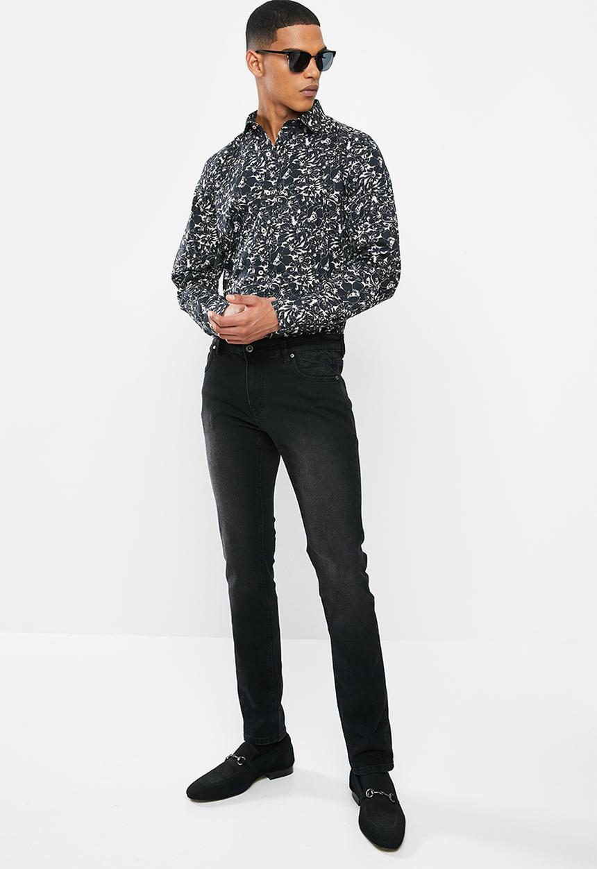 Jonathan D - Casual long sleeve slim fit printed shirt - black