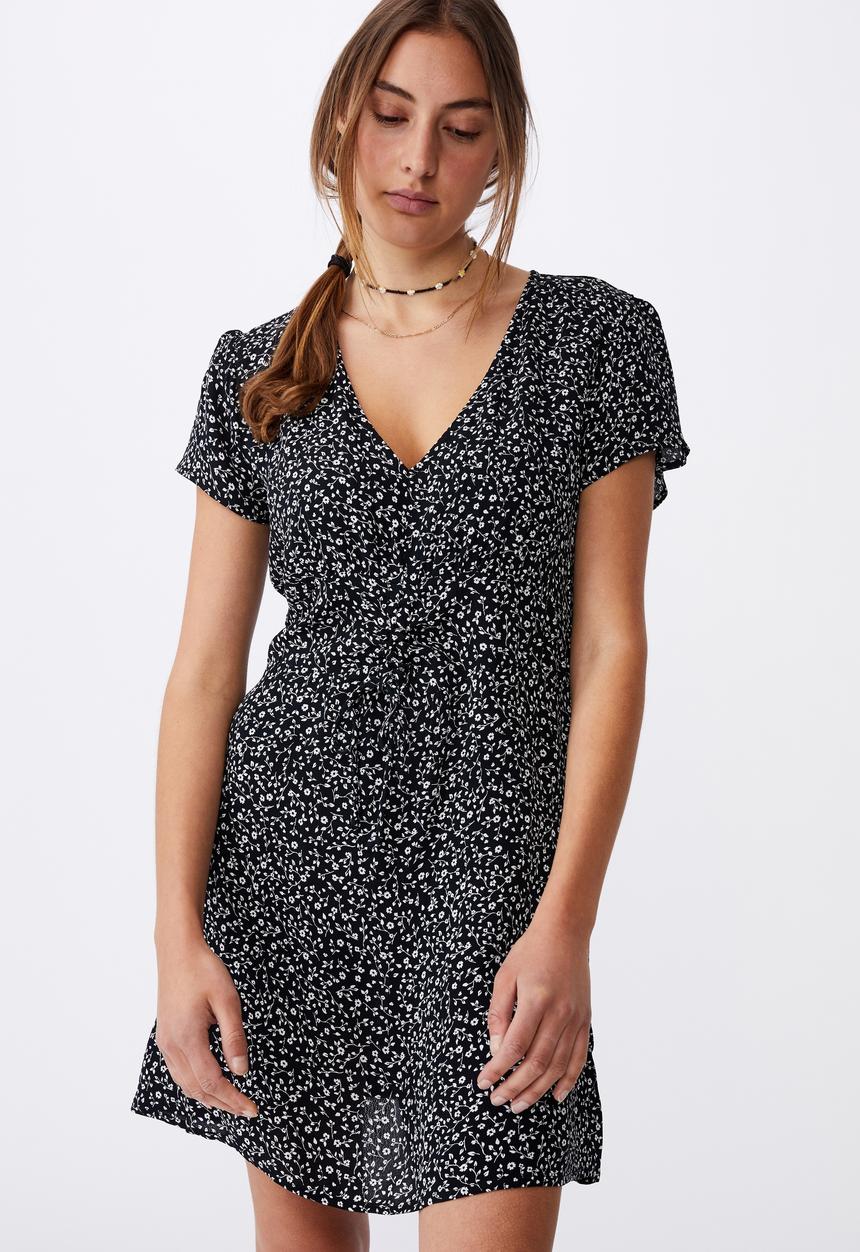 Cotton On - Woven marissa gathered front mini dress - ingrid ditsy black