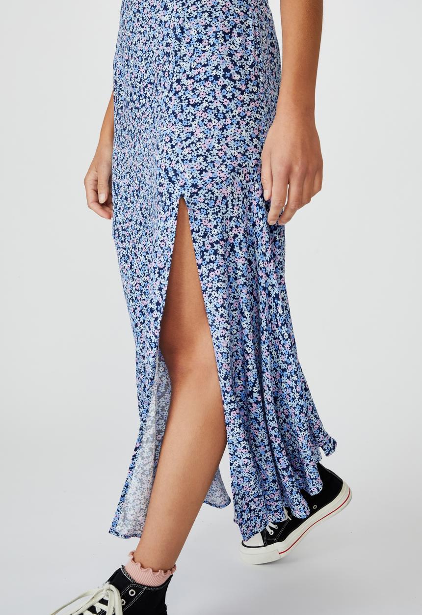 Cotton On - Tahli split midi skirt - quinn ditsy medieval blue