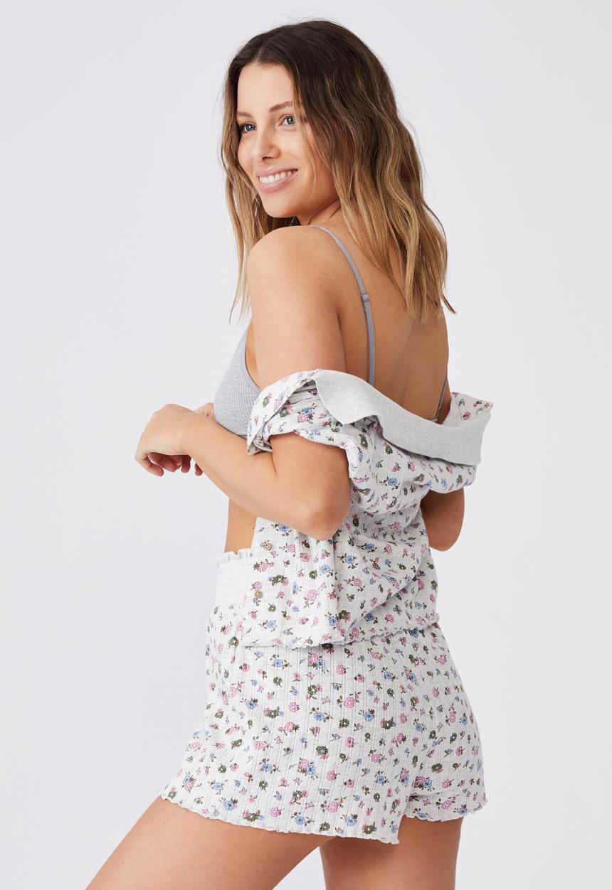 Cotton On - Knit pointelle bed short -butterfly ditzy/soft grey marle
