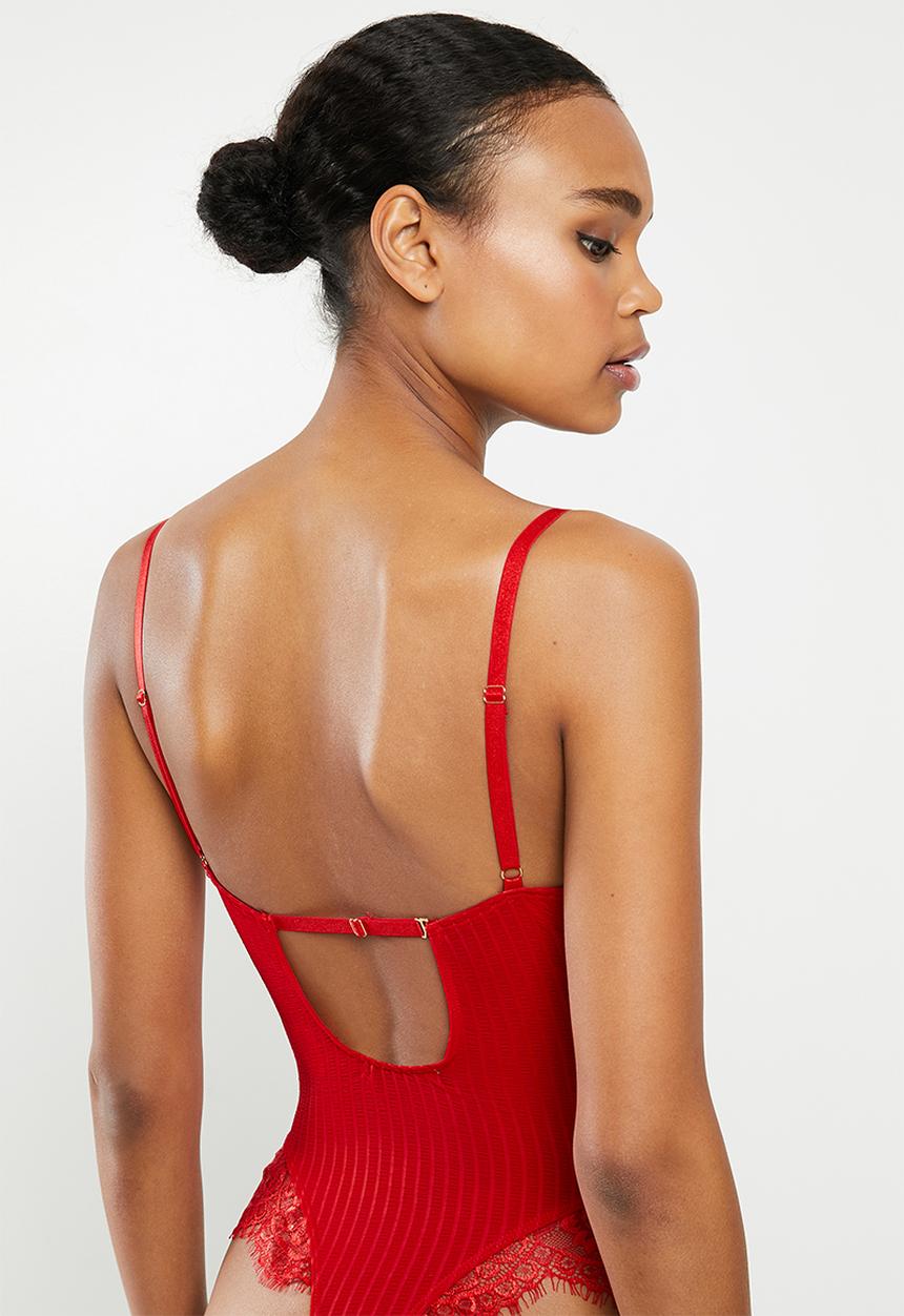 Missguided - Sheer stripe lace mix bodysuit - red