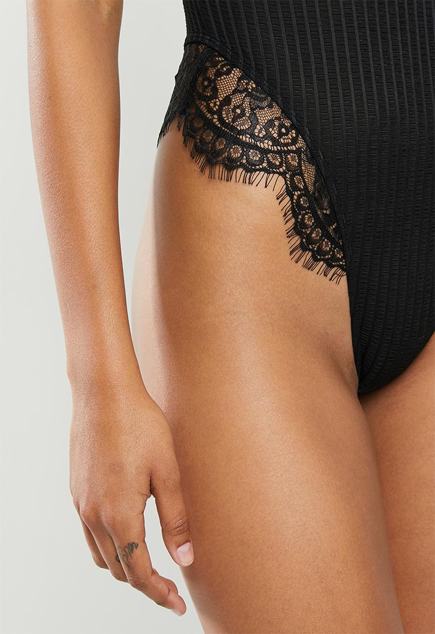 Missguided - Sheer stripe lace mix bodysuit - black