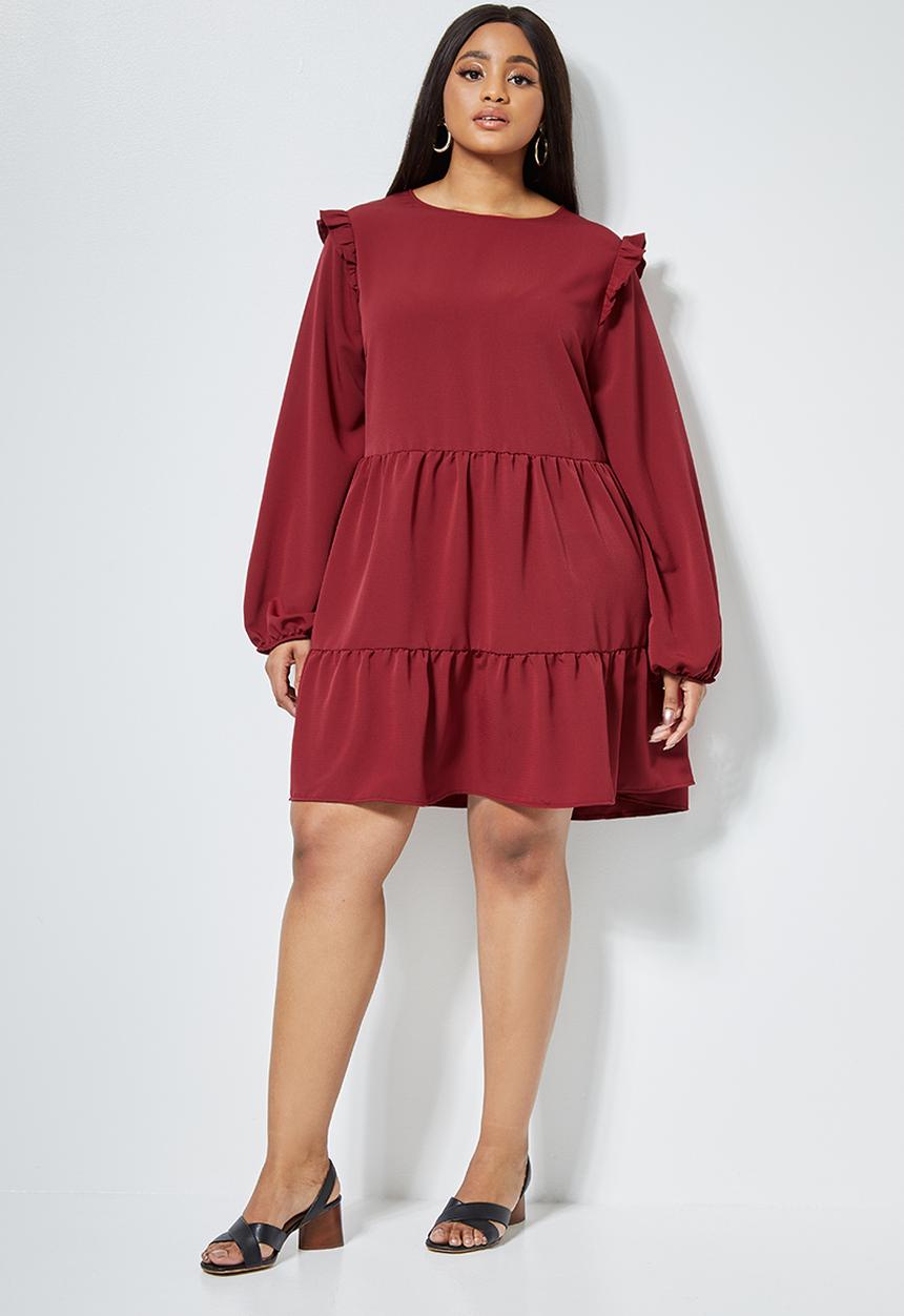 Superbalist - Tiered balloon sleeve dress - burgundy