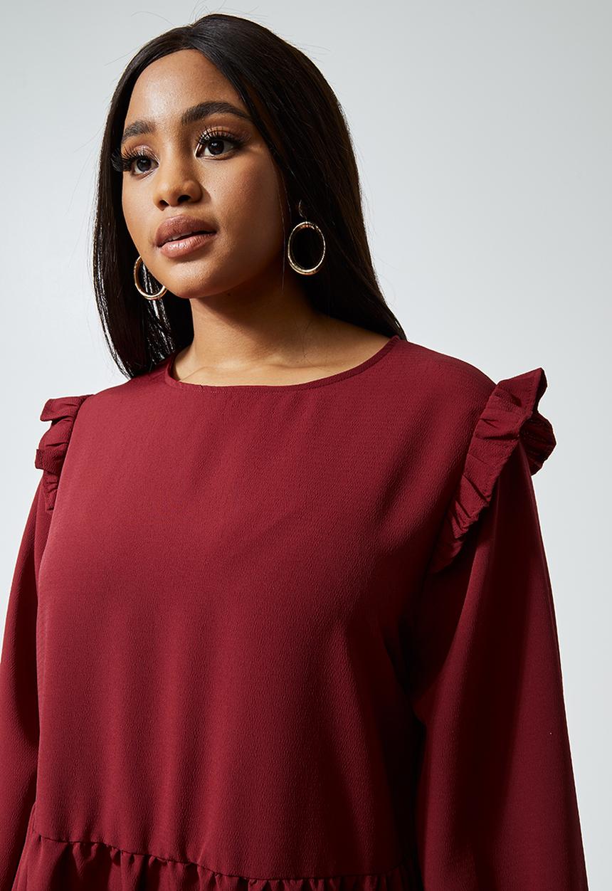 Superbalist - Tiered balloon sleeve dress - burgundy