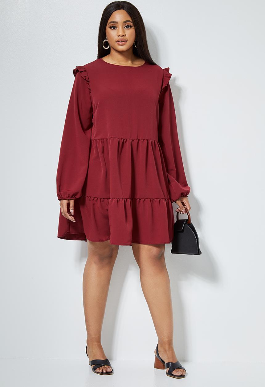 Superbalist - Tiered balloon sleeve dress - burgundy