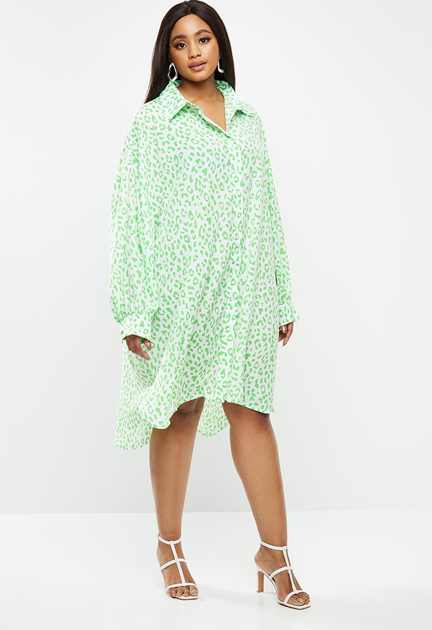 Glamorous - Plus size leopard shirt dress - green & white