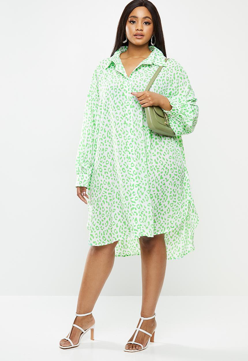 Glamorous - Plus size leopard shirt dress - green & white