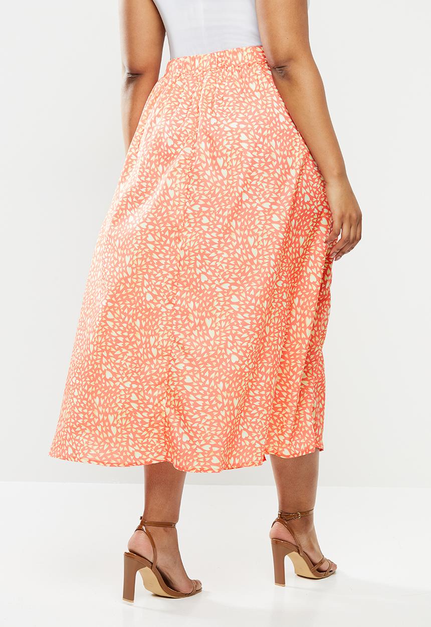 Glamorous - Plus size printed heart midi split skirt - pink & yellow