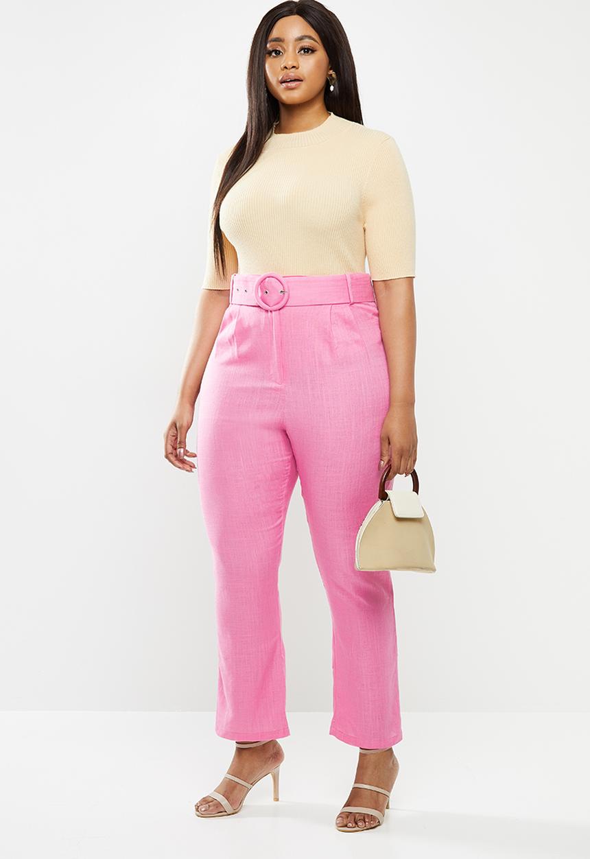 Glamorous - Plus high waisted belted crop trouser - pink
