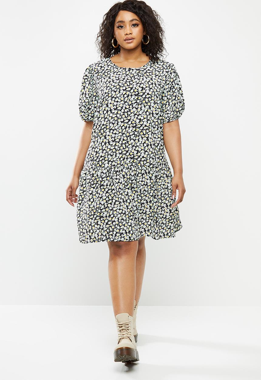 Blake - Dropped waist mini dress with puff sleeves - black 
