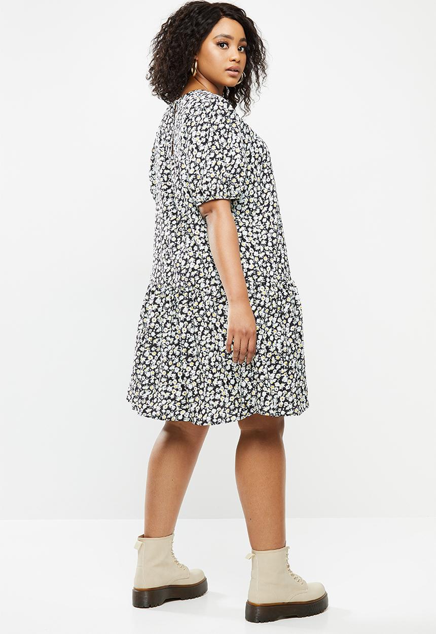 Blake - Dropped waist mini dress with puff sleeves - black 