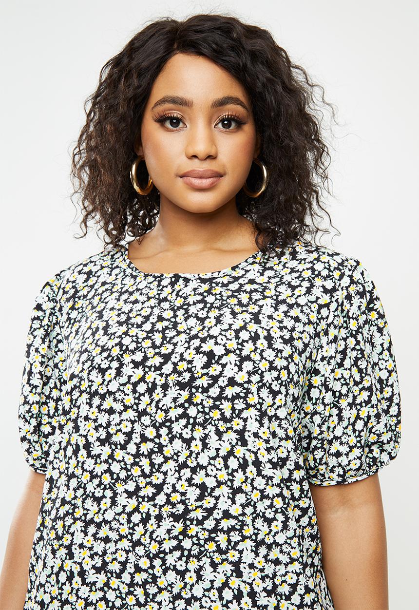 Blake - Dropped waist mini dress with puff sleeves - black 