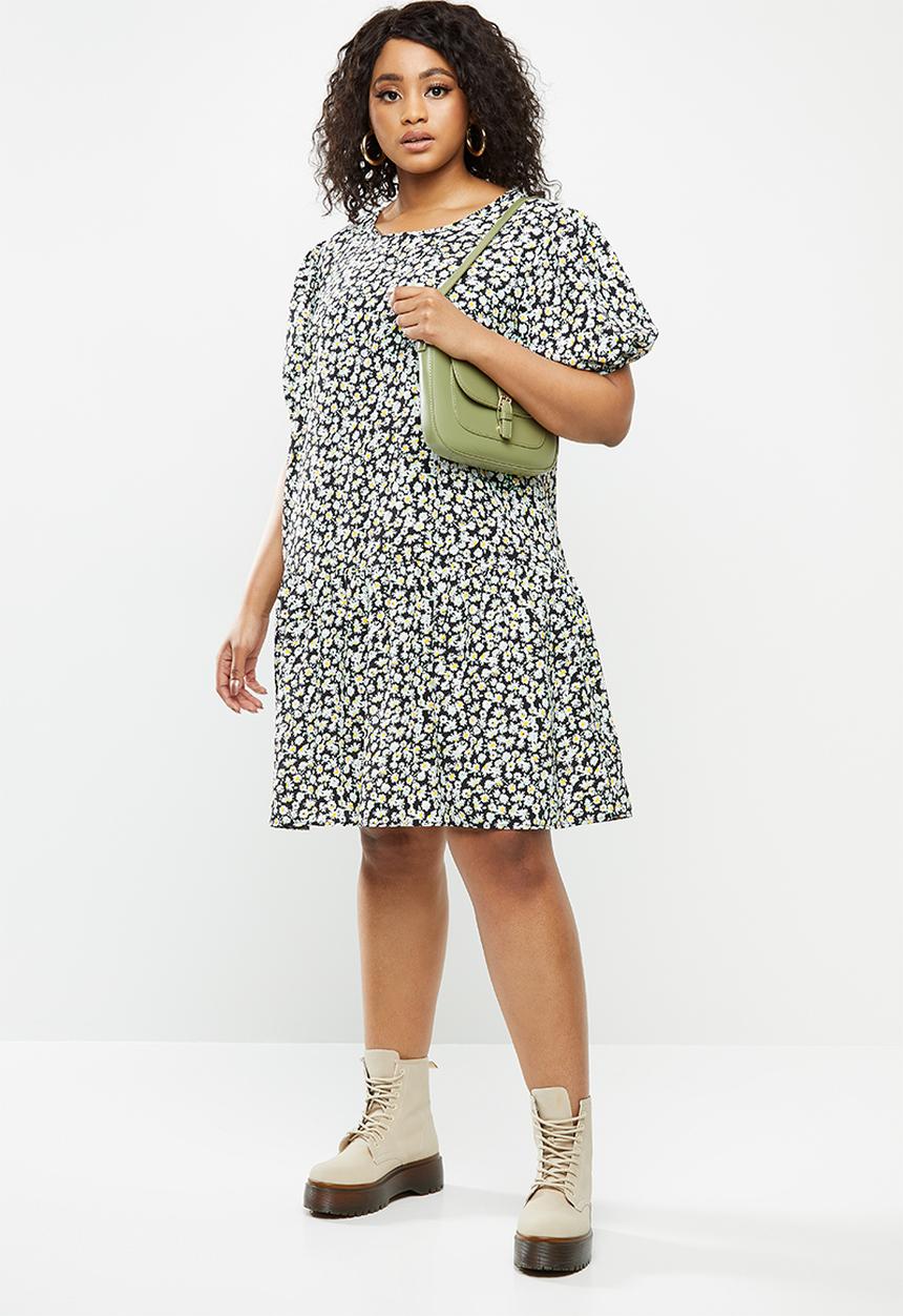 Blake - Dropped waist mini dress with puff sleeves - black 