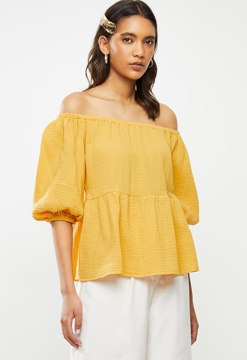 VELVET - Bardot puff sleeve blouse - mustard