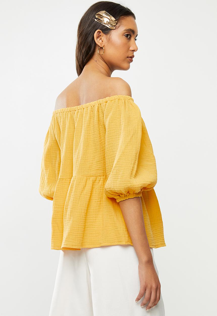 VELVET - Bardot puff sleeve blouse - mustard