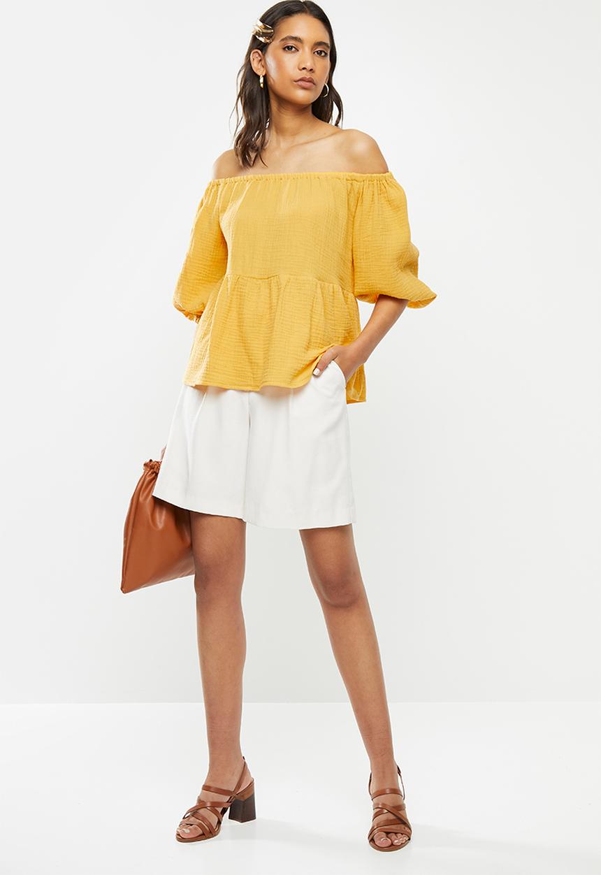 VELVET - Bardot puff sleeve blouse - mustard