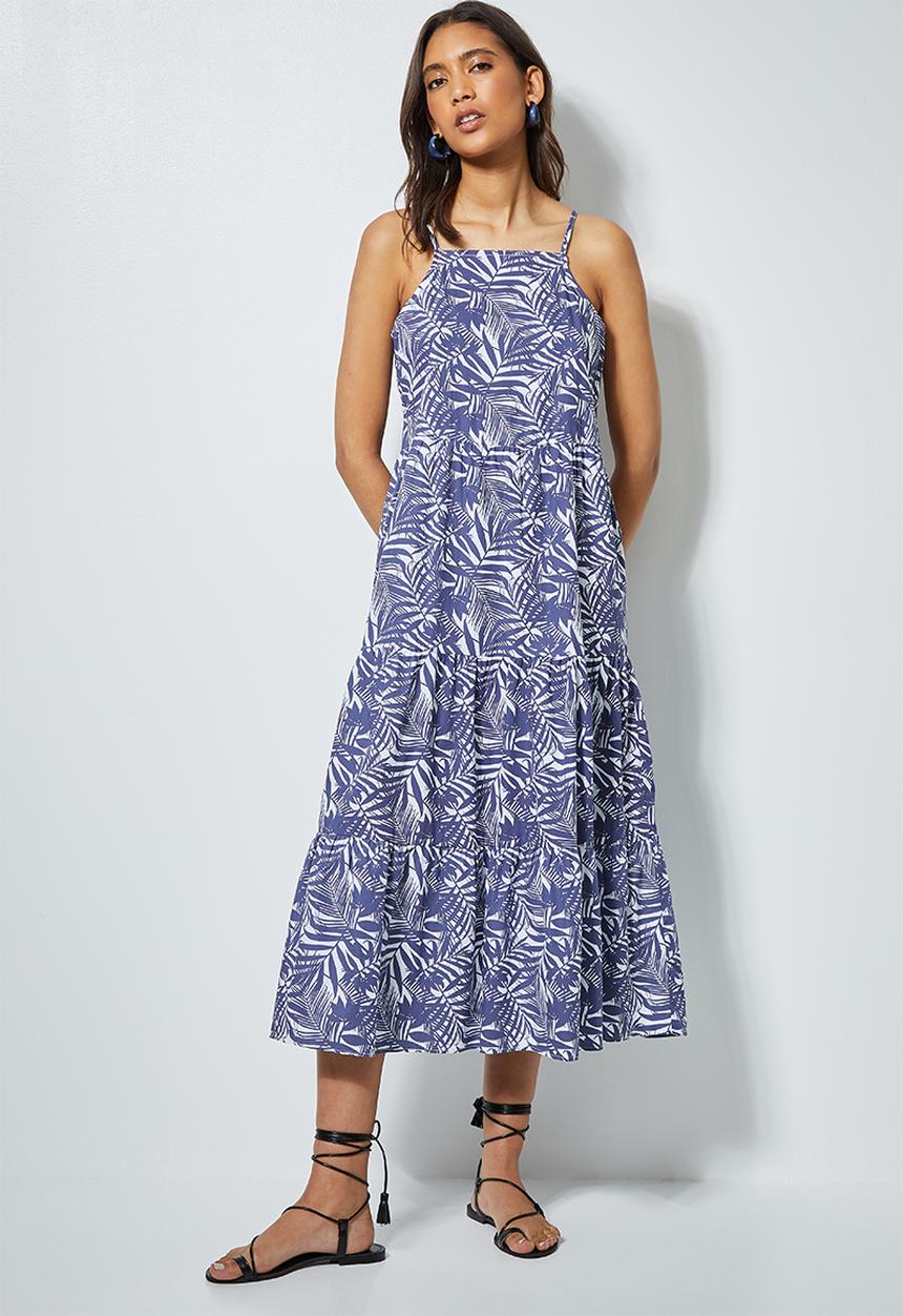 Superbalist - Cotton strappy tiered midi - navy palm print