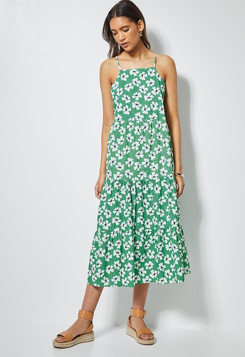 Superbalist - Cotton strappy tiered midi - green spot daisy