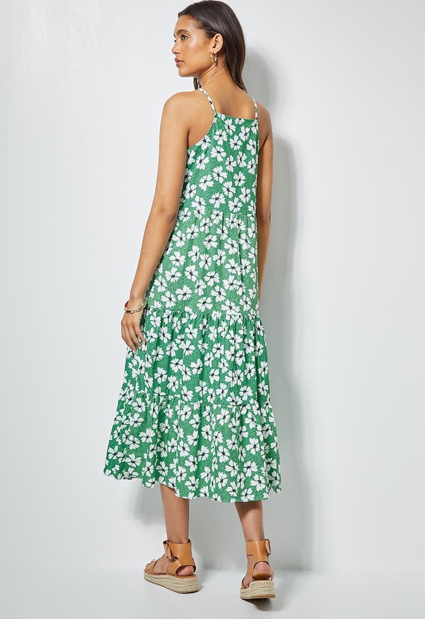 Superbalist - Cotton strappy tiered midi - green spot daisy