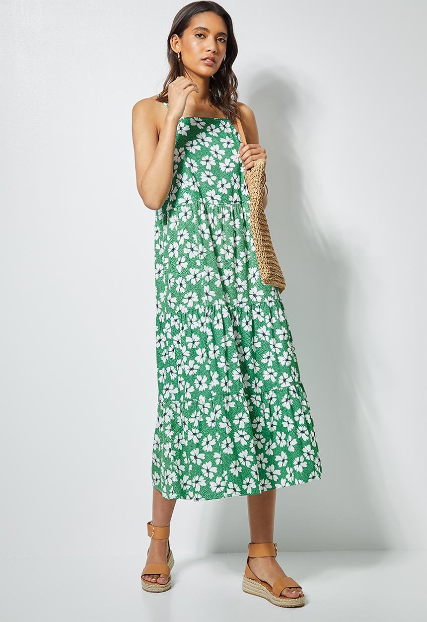 Superbalist - Cotton strappy tiered midi - green spot daisy