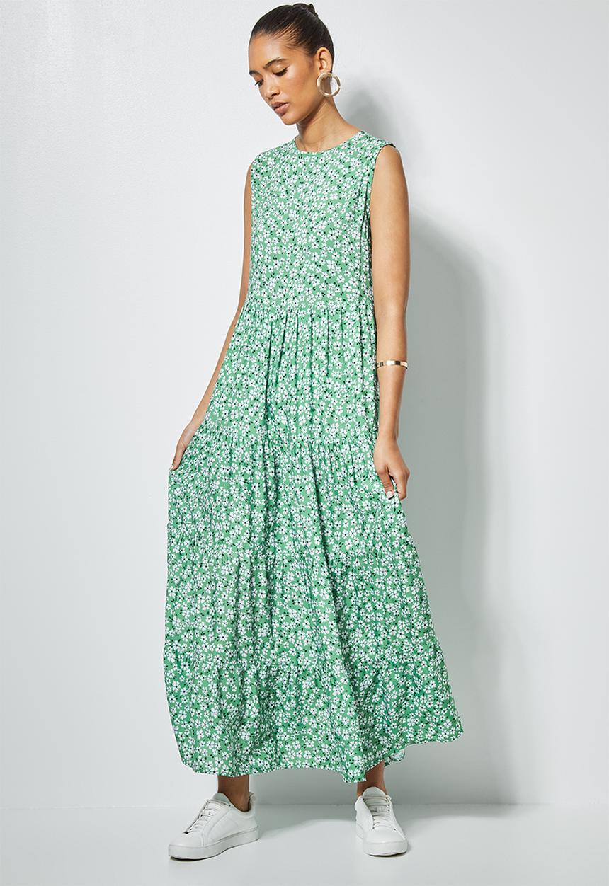 Superbalist - Sleeveless tiered maxi dress - green ditsy
